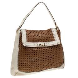 Pre Owned Anya Hindmarch White/Brown Leather Bowery Woven Flap Shoulder Bag