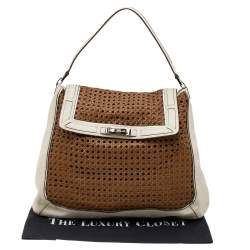 Pre Owned Anya Hindmarch White/Brown Leather Bowery Woven Flap Shoulder Bag