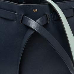 Pre Owned Anya Hindmarch Navy Blue Leather Shoelace Drawstring Bucket Bag