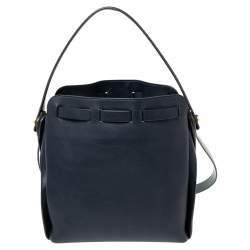 Pre Owned Anya Hindmarch Navy Blue Leather Shoelace Drawstring Bucket Bag