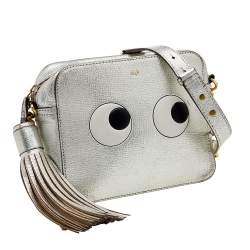Pre Owned Anya Hindmarch Metallic Silver Leather Eyes Crossbody Bag