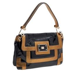 Pre Owned Anya Hindmarch Black/Gold Patent Leather And Leather Flap Shoulder Bag
