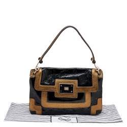Pre Owned Anya Hindmarch Black/Gold Patent Leather And Leather Flap Shoulder Bag