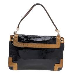Pre Owned Anya Hindmarch Black/Gold Patent Leather And Leather Flap Shoulder Bag