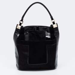 Pre Owned Anya Hindmarch Black Patent Leather and Suede Pushlock Pocket Tote