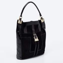 Pre Owned Anya Hindmarch Black Patent Leather and Suede Pushlock Pocket Tote