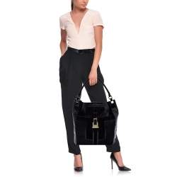 Pre Owned Anya Hindmarch Black Patent Leather and Suede Pushlock Pocket Tote