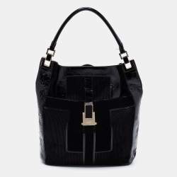 Pre Owned Anya Hindmarch Black Patent Leather and Suede Pushlock Pocket Tote