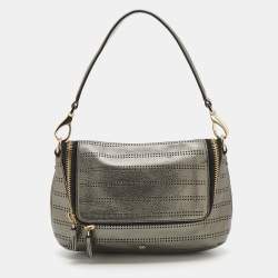 Pre Owned Anya Hindmarch Metallic Grey Perforated Leather Shoulder Bag