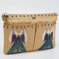 Pre Owned Anya Hindmarch Beige Raffia Zip Pouch