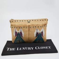 Pre Owned Anya Hindmarch Beige Raffia Zip Pouch