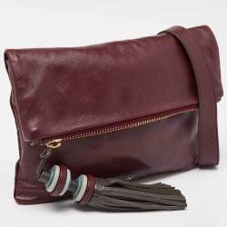 Pre Owned Anya Hindmarch Burgundy Leather Foldover Tassel Crossbody Bag