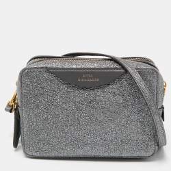 Pre Owned Anya Hindmarch Metallic Grey Crinkled Leather Double Stack Crossbody Bag
