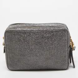 Pre Owned Anya Hindmarch Metallic Grey Crinkled Leather Double Stack Crossbody Bag