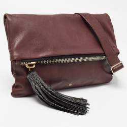 Pre Owned Anya Hindmarch Burgundy Leather Fold Over Tassel Crossbody Bag