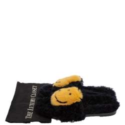 Pre Owned Anya Hindmarch Black/Yellow Smiley Shearling And Fur Flat Slides Size 41