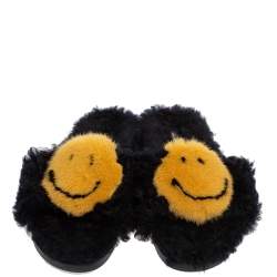 Pre Owned Anya Hindmarch Black/Yellow Smiley Shearling And Fur Flat Slides Size 41