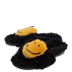Pre Owned Anya Hindmarch Black/Yellow Smiley Shearling And Fur Flat Slides Size 41