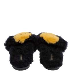 Pre Owned Anya Hindmarch Black/Yellow Smiley Shearling And Fur Flat Slides Size 41