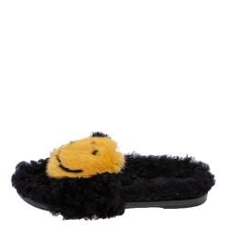 Pre Owned Anya Hindmarch Black/Yellow Smiley Shearling And Fur Flat Slides Size 41