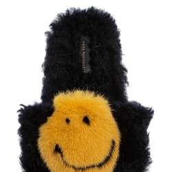 Pre Owned Anya Hindmarch Black/Yellow Smiley Shearling And Fur Flat Slides Size 41