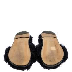 Pre Owned Anya Hindmarch Black/Yellow Smiley Shearling And Fur Flat Slides Size 41
