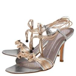 Pre Owned Anya Hindmarch Beige/Silver Leather And Rope Tie Up Sandals Size 39