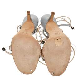 Pre Owned Anya Hindmarch Beige/Silver Leather And Rope Tie Up Sandals Size 39