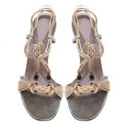 Pre Owned Anya Hindmarch Beige/Silver Leather And Rope Tie Up Sandals Size 39