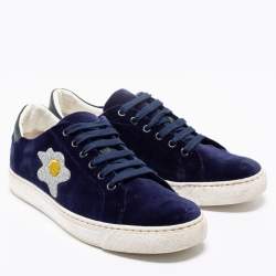 Pre Owned Anya Hindmarch Navy Blue Velvet Egg Sneakers Size 37