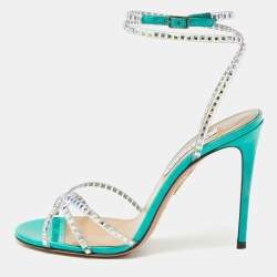 Pre Owned Aquazzura Transparent/Metallic Aqua PVC and Leather Dance Plexi Sandals Size 38