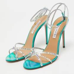 Pre Owned Aquazzura Transparent/Metallic Aqua PVC and Leather Dance Plexi Sandals Size 38