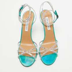Pre Owned Aquazzura Transparent/Metallic Aqua PVC and Leather Dance Plexi Sandals Size 38