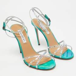 Pre Owned Aquazzura Transparent/Metallic Aqua PVC and Leather Dance Plexi Sandals Size 38