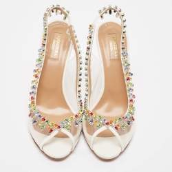 Pre Owned Aquazzura Cream Leather and PVC Crystal Embellished Slingback Pumps Size 39.5