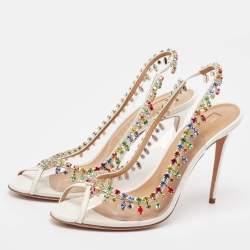 Pre Owned Aquazzura Cream Leather and PVC Crystal Embellished Slingback Pumps Size 39.5