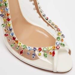 Pre Owned Aquazzura Cream Leather and PVC Crystal Embellished Slingback Pumps Size 39.5