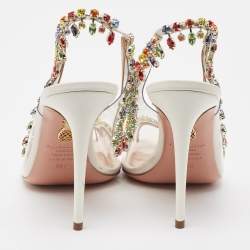Pre Owned Aquazzura Cream Leather and PVC Crystal Embellished Slingback Pumps Size 39.5