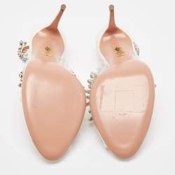 Pre Owned Aquazzura Cream Leather and PVC Crystal Embellished Slingback Pumps Size 39.5