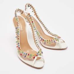 Pre Owned Aquazzura Cream Leather and PVC Crystal Embellished Slingback Pumps Size 39.5