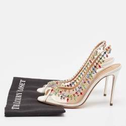 Pre Owned Aquazzura Cream Leather and PVC Crystal Embellished Slingback Pumps Size 39.5