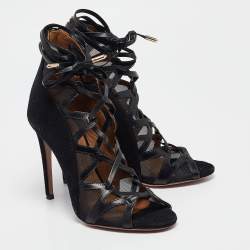 Pre Owned Aquazzura Black Suede and Mesh French Lover Sandals Size 35
