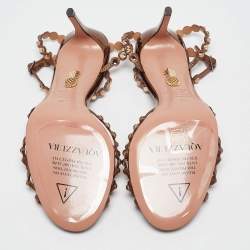 Pre Owned Aquazzura Brown Leather Crystal Embellished Ankle Strap Sandals Size 40