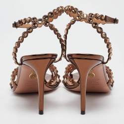 Pre Owned Aquazzura Brown Leather Crystal Embellished Ankle Strap Sandals Size 40