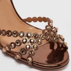 Pre Owned Aquazzura Brown Leather Crystal Embellished Ankle Strap Sandals Size 40
