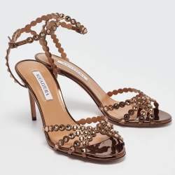 Pre Owned Aquazzura Brown Leather Crystal Embellished Ankle Strap Sandals Size 40