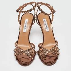 Pre Owned Aquazzura Brown Leather Crystal Embellished Ankle Strap Sandals Size 40