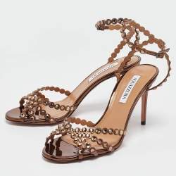 Pre Owned Aquazzura Brown Leather Crystal Embellished Ankle Strap Sandals Size 40