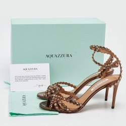 Pre Owned Aquazzura Brown Leather Crystal Embellished Ankle Strap Sandals Size 40