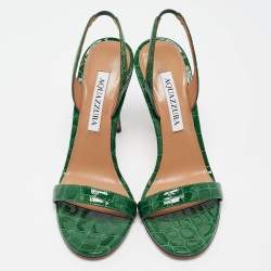 Pre Owned Aquazzura Green Croc Embossed Patent Leather so nude Ankle Strap Sandals Size 37